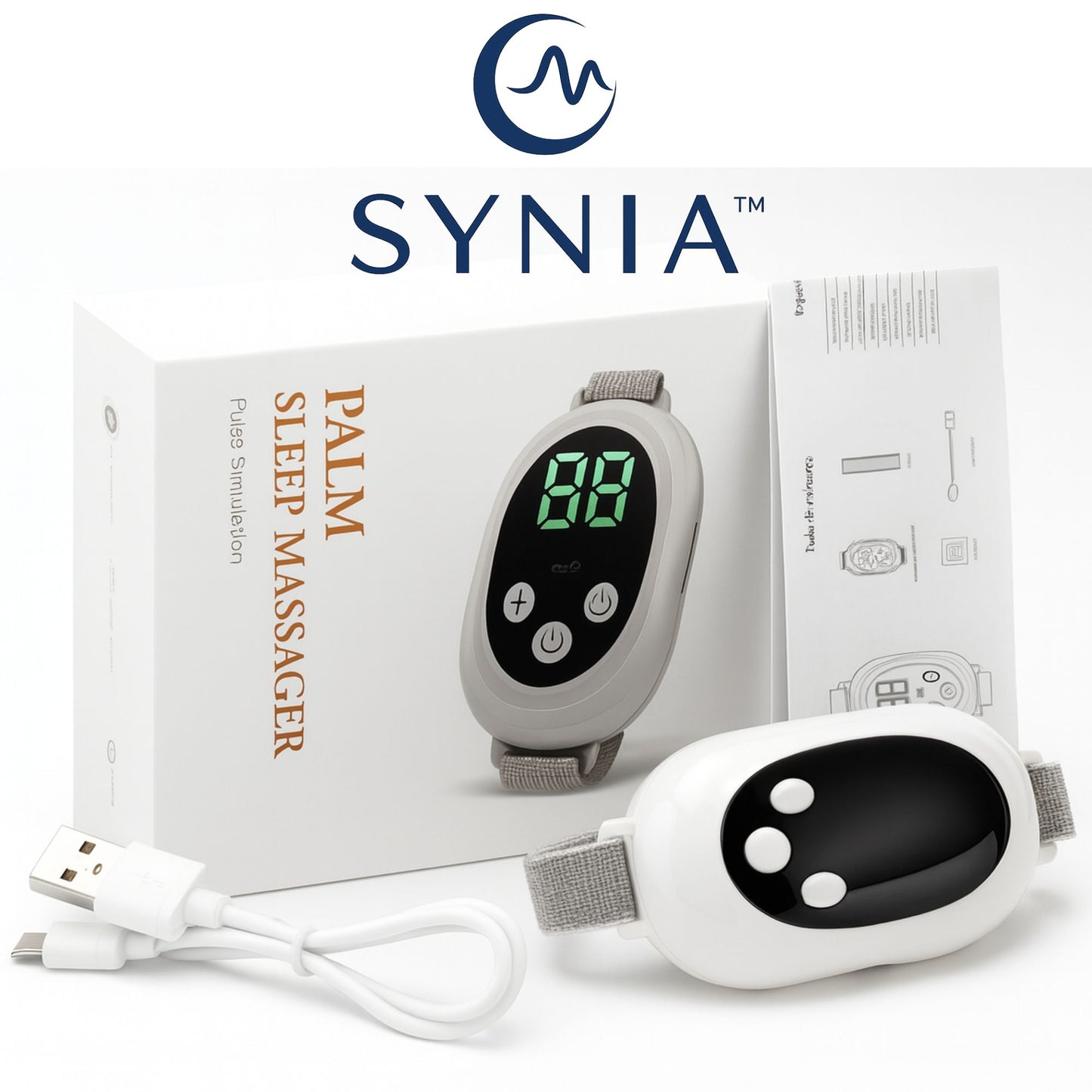 Empaque premium del dispositivo SYNIA™ con cable USB y manual incluido