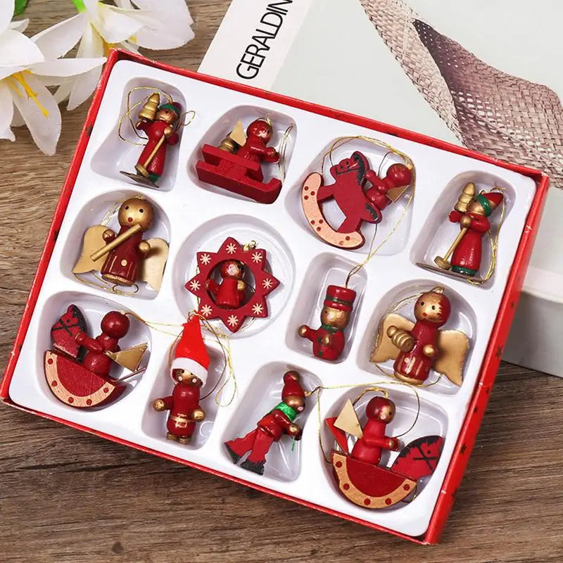 12pcs/set Wooden Christmas Ornaments Miniature